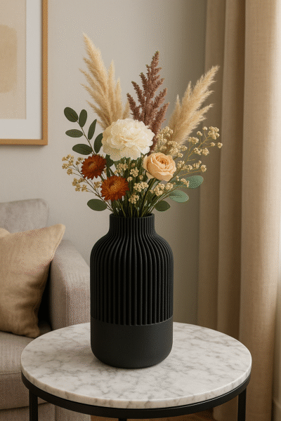 Grote zwarte vaas Roza gevuld met droogbloemen