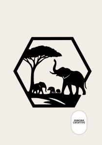 Wanddecoratie olifantenfamilie in silhouet met boom in zeshoekig frame