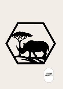 Wanddecoratie neushoorn in silhouet met boom in zeshoekig frame