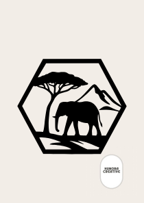 Wanddecoratie olifant in silhouet met boom en bergen in zeshoekig frame