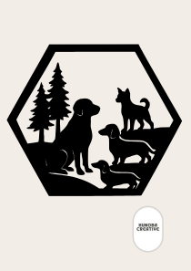 Wanddecoratie silhouet van vier honden met bomen in zeshoekig frame