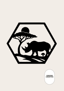Zwarte wanddecoratie met silhouet van een neushoorn in savannelandschap binnen een zeshoekig frame