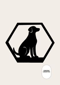 Zwarte wanddecoratie met silhouet van een zittende hond in zeshoekig frame