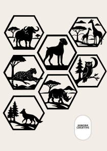 Wanddecoratie in frame set met vier silhouetten van dieren en gezinnen in zwart-wit