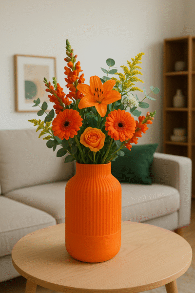 Kleine oranje ribbelvaas Roza op houten tafel