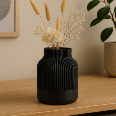Set zwarte ribbelvazen Roza op dressoir