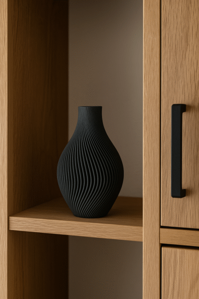 Antracietkleurige vaas met ribbelstructuur in houten open kast