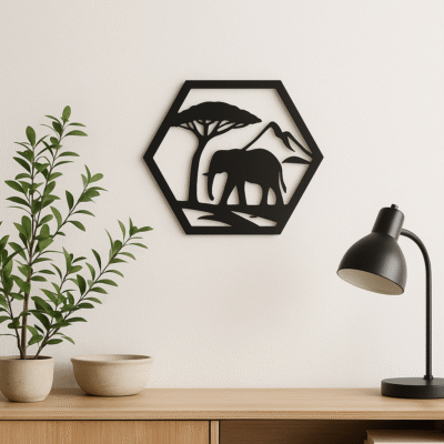 Wanddecoratie Olifant in frame – silhouet met berglandschap