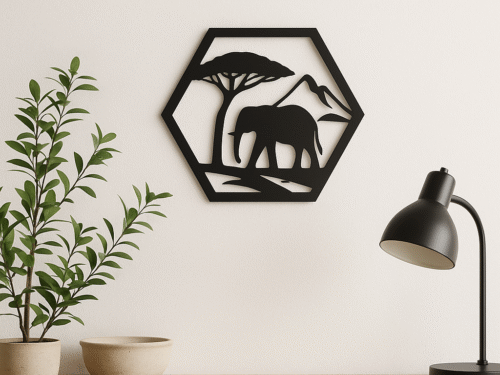Wanddecoratie Olifant in frame – silhouet met berglandschap