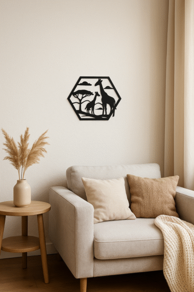 Wanddecoratie Giraffen in frame – elegantie en verbondenheid in silhouet
