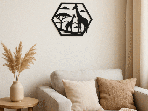 Wanddecoratie Giraffen in frame – elegantie en verbondenheid in silhouet
